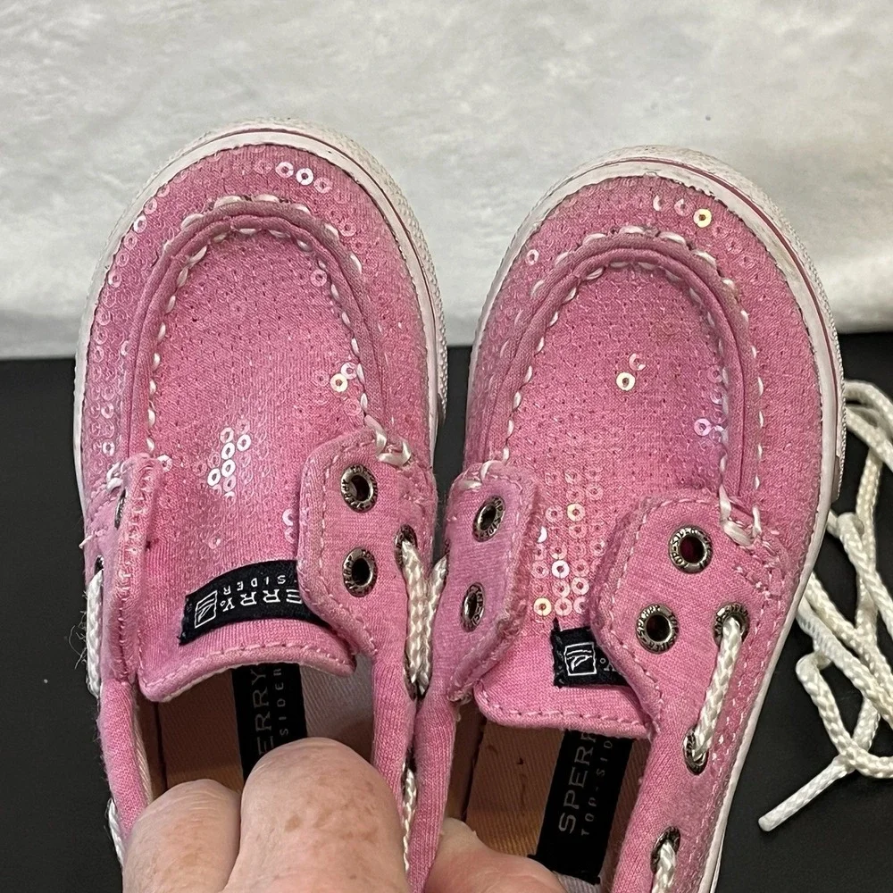 Sperry Topsider Size 6M Girls Boat Shoes Bahama Pink Sequin Toddler Slip On Tie